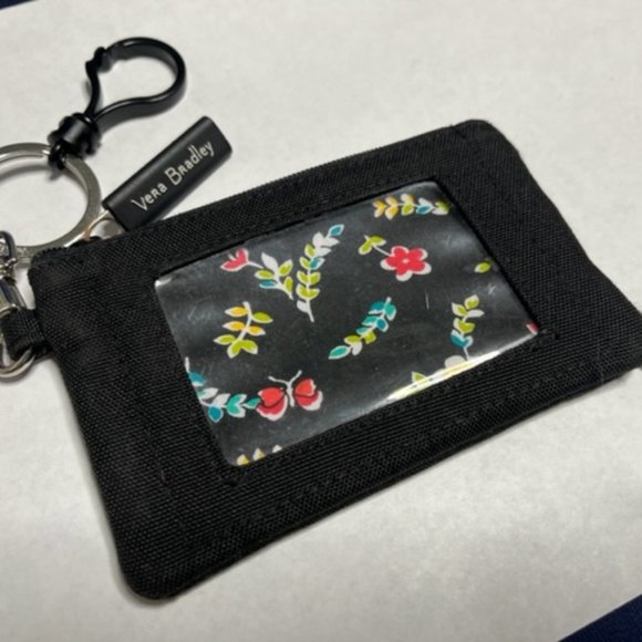 Very Bradley Black Canvas Floral Zip ID Wallet Change Purse w/Clasps - Picture 8 of 10